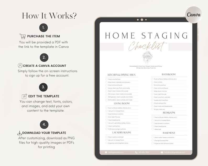 May include: A digital tablet displaying a home staging checklist with a light brown background. The checklist includes categories for the kitchen and dining area, living room, laundry room, bathroom, bedroom, and basement. Each category has a list of tasks to complete, such as cleaning surfaces, dusting furniture, and organising items.
