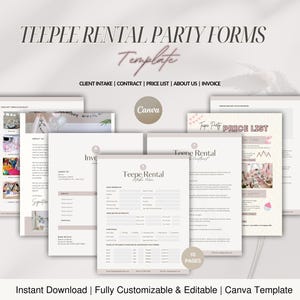 May include: A Canva template for a teepee rental business. The template includes forms for client intake, contracts, price lists, about us, and invoices. The template is fully customizable and editable. The template is available for instant download.