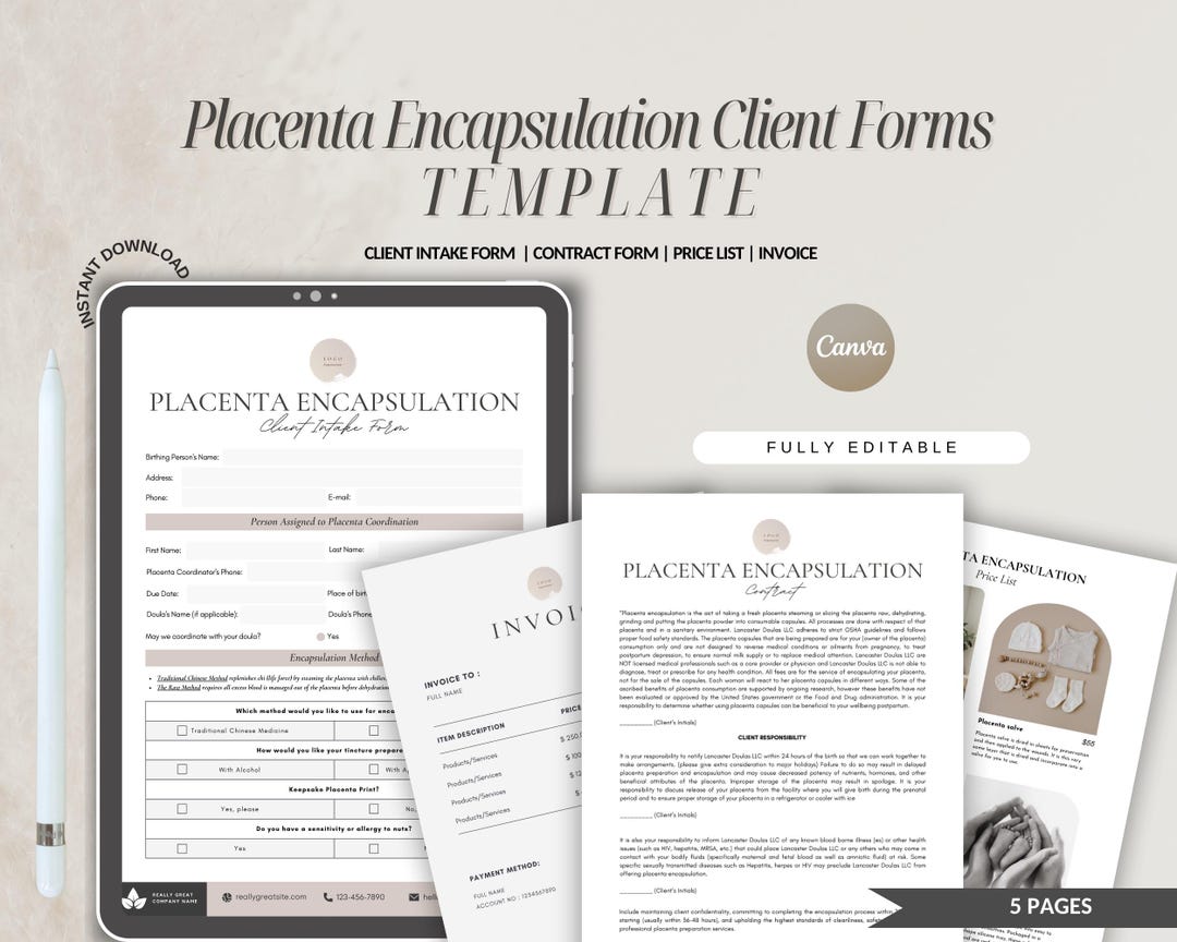 Editable Placenta Encapsulation Forms, Doula Business Templates (canva ...