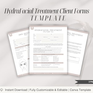 Peut inclure: Un modèle de formulaire client imprimable en trois pages pour les traitements HydraFacial. Le modèle comprend un formulaire d'analyse de la peau, un formulaire de traitement HydraFacial et un formulaire de traitement général. Les formulaires sont conçus dans un style minimaliste avec un fond gris clair et du texte noir.