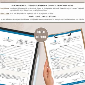 Peut inclure: Un mod&egrave;le de formulaire de devis et d'estimation num&eacute;rique et imprimable comprenant des champs pour les coordonn&eacute;es, les d&eacute;tails du service et la planification. Le document inclut un en-t&ecirc;te de nom d'entreprise, des cases &agrave; cocher et des lignes de signature.