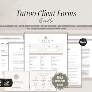 Plantilla de formularios para clientes de tatuajes: formulario de consentimiento, historial médico, instrucciones de cuidados posteriores, formularios de admisión y autorización de clientes.