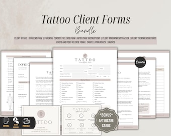 Plantilla de formularios para clientes de tatuajes: formulario de consentimiento, historial médico, instrucciones de cuidados posteriores, formularios de admisión y autorización de clientes.