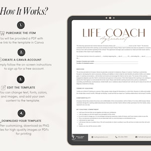 Op de afbeelding: Een digitale tablet waarop een Life Coach Agreement-sjabloon wordt weergegeven. Het sjabloon bevat secties voor diensten, coachingvoorwaarden, vertrouwelijkheid en een coachingverbintenis. Het sjabloon is ontworpen om te worden aangepast en gedownload als een PDF- of PNG-bestand.