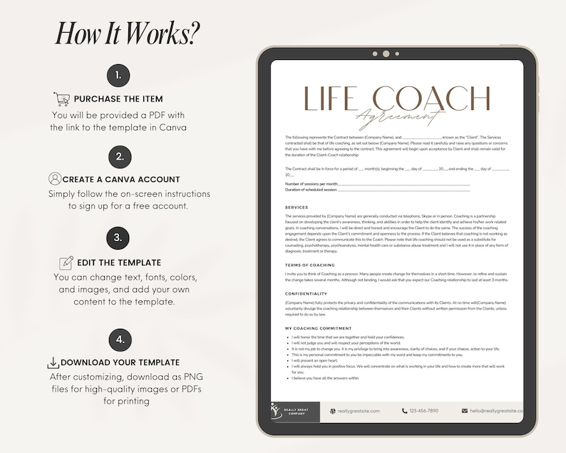 Op de afbeelding: Een digitale tablet waarop een Life Coach Agreement-sjabloon wordt weergegeven. Het sjabloon bevat secties voor diensten, coachingvoorwaarden, vertrouwelijkheid en een coachingverbintenis. Het sjabloon is ontworpen om te worden aangepast en gedownload als een PDF- of PNG-bestand.