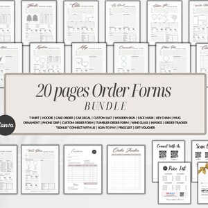 Peut inclure: Un ensemble de 20 formulaires de commande imprimables pour divers produits, notamment des t-shirts, des sweats à capuche, des commandes de gâteaux, des autocollants de voiture, des chapeaux personnalisés, des panneaux en bois, des masques faciaux, des porte-clés, des tasses, des ornements, des poignées de téléphone, des verres à vin, et plus encore. Les formulaires sont conçus dans un style minimaliste avec un schéma de couleurs noir et blanc.