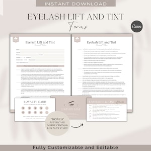 May include: Two printable forms for eyelash lift and tint services. The forms include a client intake form and an aftercare instruction sheet. The forms are customizable and editable. The forms are designed in a neutral beige colour scheme with a simple, modern design.