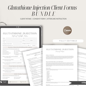 May include: A set of four printable forms for glutathione injections. The forms include a client intake form, a consent form, and an aftercare instruction form. The forms are fully editable and can be used for a variety of purposes.