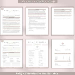 May include: A printable home staging checklist and agreement template. The checklist includes sections for staging details, pricing, and client information. The agreement includes sections for services, payment, and terms and conditions.