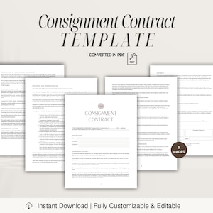 May include: A printable consignment contract template in PDF format. The document includes sections for the consignor and consignee, details of the agreement, and terms of sale. The template is fully customisable and editable, making it easy to adapt to specific needs.