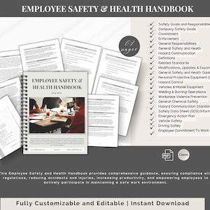 May include: A digital handbook for employee safety and health with a cover image of a group of people working together at a table. The handbook includes 63 pages of information on topics such as safety goals, hazard communication, and emergency action plans. The handbook is fully customizable and editable and can be downloaded instantly.