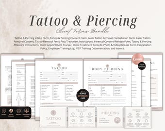 Tattoo & Body Piercing Forms Bundle,Editable Tattoo Studio Business Kit,Consent Forms, Aftercare, Client Intake,Canva Templates