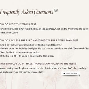 May include: An informational graphic titled Frequently Asked Questions with a small FAQ icon. It provides instructions on editing templates via Canva, accessing purchased digital files from Etsy accounts, and contacting the shop owner for help.