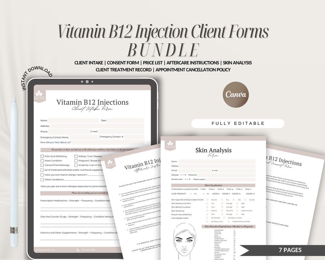 printable b12 injection instructions Vitamin B12 Injection Client Forms, Medspa Templates (canva)