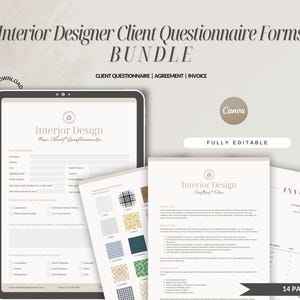 Könnte beinhalten: Ein digitales Mockup eines 14-seitigen Fragebogen-Pakets für Kunden von Innenarchitekten. Das Paket beinhaltet einen Kundenfragebogen, eine Vereinbarung und eine Rechnung. Die Formulare sind vollständig editierbar und können von Innenarchitekten verwendet werden, um Informationen von ihren Kunden zu sammeln.