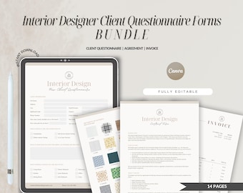 May include: A digital mockup of a 14-page interior design client questionnaire bundle. The bundle includes a client questionnaire, agreement, and invoice. The forms are fully editable and can be used by interior designers to gather information from their clients.