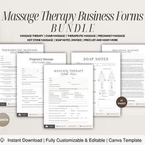 May include: A set of 21 printable forms for massage therapy businesses. The forms include intake forms, soap notes, and consent forms for different types of massage, including pregnancy massage, hot stone massage, and therapeutic massage. The forms are designed in a minimalist style with a light brown background and black text.