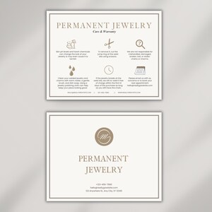Puede incluir: Dos tarjetas beige con texto marrón. La tarjeta superior dice "PERMANENT JEWELRY Care & Warranty" con instrucciones de cuidado e iconos. La tarjeta inferior muestra "PERMANENT JEWELRY" e información de contacto, incluido un número de teléfono y una dirección de correo electrónico.