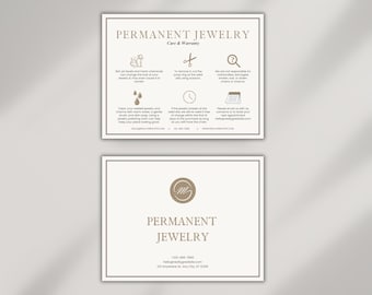 Plantilla de tarjeta de cuidado permanente de joyas, instrucciones de garantía editables (descarga digital)