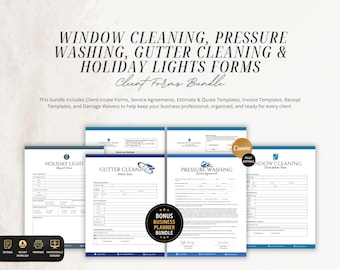 Window Cleaning, Gutter Cleaning & Pressure Washing Template Bundle | Holiday Light Installer Forms | Canva Editable Business Templates