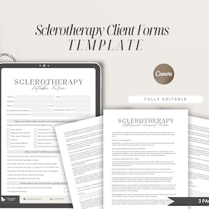 Puede incluir: Plantilla de formularios para clientes de escleroterapia editable con el logotipo de Canva. La plantilla incluye un formulario de admisión y un formulario de consentimiento informado. El texto de los formularios está en blanco y negro, y el fondo es blanco. La plantilla está diseñada para ser utilizada por profesionales médicos.