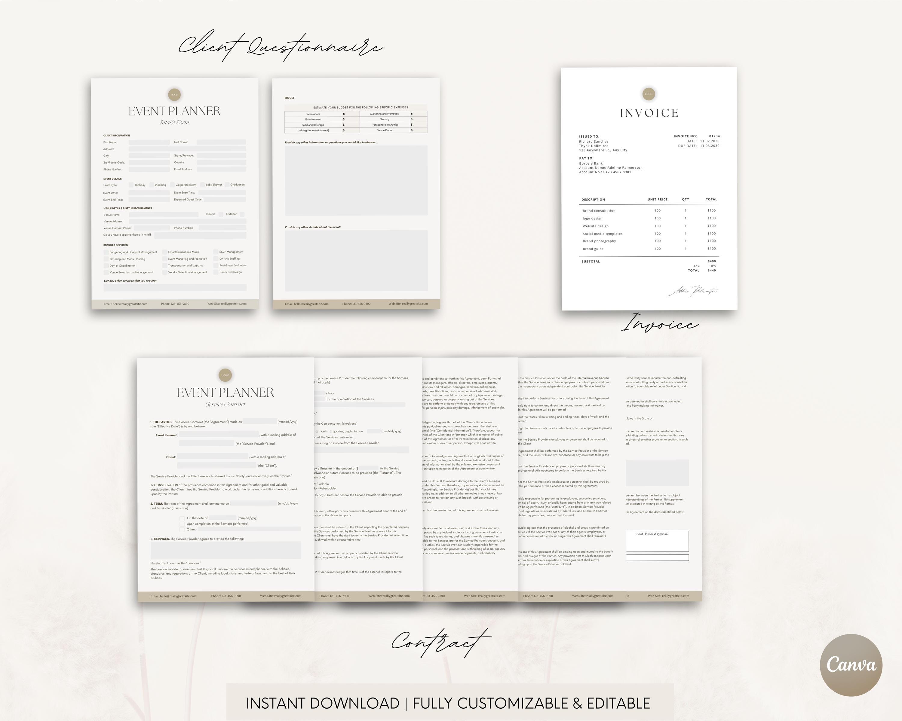 Event Planner Welcome Packet Bundle, Client Intake Forms (canva ...
