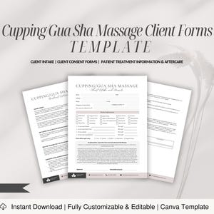 May include: A printable template for cupping and gua sha massage client forms. The template includes three pages: client intake, client consent, and patient treatment information and aftercare. The template is fully customizable and editable in Canva.