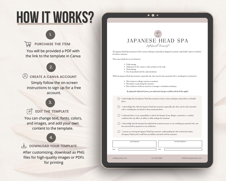 May include: A digital template for a Japanese Head Spa informed consent form displayed on a tablet screen, accompanied by a four-step instructional guide titled HOW IT WORKS? detailing the process of purchasing, creating a Canva account, editing, and downloading.