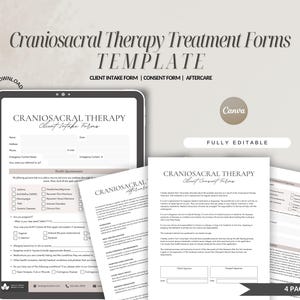 Puede incluir: Una plantilla digital para formularios de tratamiento de terapia craneosacral. La plantilla incluye un formulario de admisión del cliente, un formulario de consentimiento y un formulario de atención posterior. La plantilla es totalmente editable y puede ser utilizada por los terapeutas para recopilar información de sus clientes.