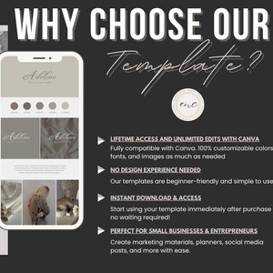 Peut inclure: Une publicit&eacute; pour un mod&egrave;le marketing num&eacute;rique montrant un smartphone avec une interface beige et blanche portant le texte Adeline. Le fond gris fonc&eacute; affiche le texte WHY CHOOSE OUR Template? et liste des fonctionnalit&eacute;s comme l'acc&egrave;s &agrave; vie.