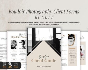 Plantilla de formularios para clientes de fotografía boudoir, cuestionario de admisión, autorización de modelo, acuerdo de sesión y formularios de consentimiento.