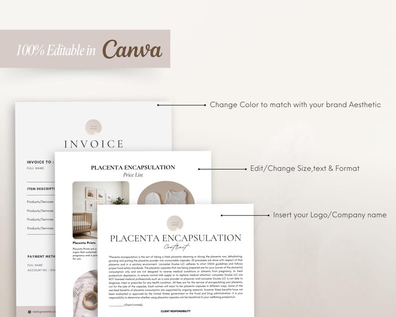 Editable Placenta Encapsulation Forms, Doula Business Templates (canva ...