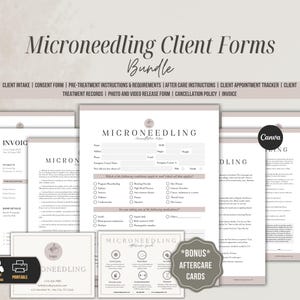 Może przedstawiać: Zestaw drukowanych formularzy dla klientów mikronakłuwania, w tym przyjęcie, zgoda i instrukcje dotyczące pielęgnacji po zabiegu. Formularze są w neutralnej palecie kolorów z tekstem "Microneedling Client Forms Bundle". Zawiera dodatkowe karty pielęgnacyjne.