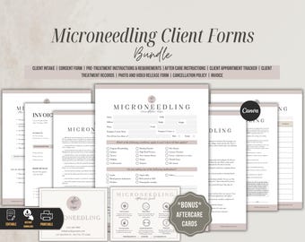 Paquete de formularios editables de microagujas, admisión de clientes y cuidados posteriores (plantilla de Canva)