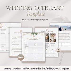 Op de afbeelding: Een Canva-sjabloon voor trouwambtenaren. Het sjabloon bevat zes pagina's: een uitnodiging, een schema voor de huwelijksceremonie, een klantintakeformulier, een overeenkomst, een prijslijst en een factuur. Het sjabloon is volledig aanpasbaar en bewerkbaar.