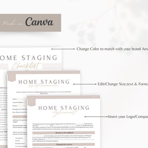 May include: A checklist and agreement form for home staging services. The forms are designed in a minimalist style with a beige background and gold text. The checklist includes sections for kitchen, living, laundry, and more. The agreement form includes sections for services to be rendered, payment for services, and a signature line.