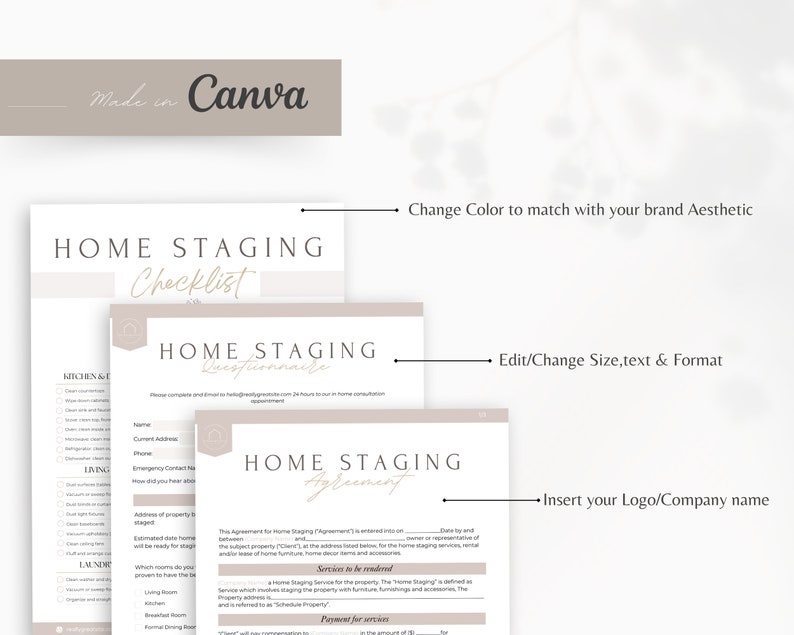 May include: A checklist and agreement form for home staging services. The forms are designed in a minimalist style with a beige background and gold text. The checklist includes sections for kitchen, living, laundry, and more. The agreement form includes sections for services to be rendered, payment for services, and a signature line.