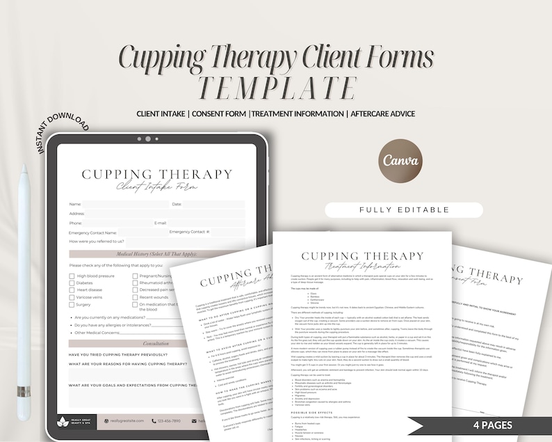 May include: A printable set of four pages of forms for cupping therapy clients. The forms include a client intake form, consent form, treatment information, and aftercare advice. The forms are designed in a minimalist style with a neutral color palette.