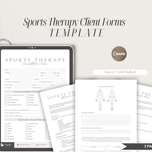 May include: A three-page printable sports therapy client form template in a light gray and white color scheme. The template includes a consultation form, an intake form, and a treatment plan form. The template is fully editable and can be used in Canva.