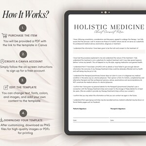 Op de afbeelding: Een digitale sjabloon weergegeven op een tabletscherm, getiteld "Holistische Geneeskunde Client Toestemmingsformulier". De afbeelding toont een stapsgewijze handleiding over hoe u de sjabloon kunt kopen, een Canva-account kunt aanmaken, bewerken en downloaden.