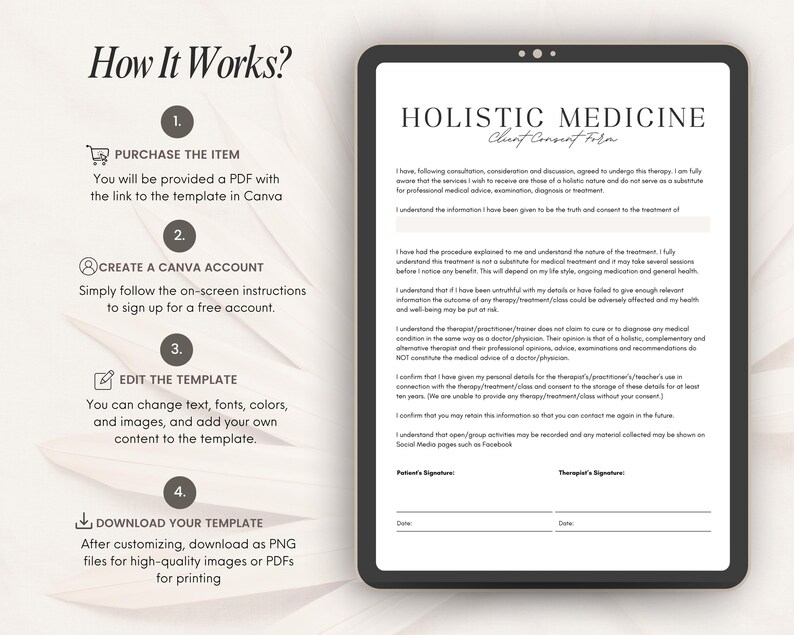 Op de afbeelding: Een digitale sjabloon weergegeven op een tabletscherm, getiteld "Holistische Geneeskunde Client Toestemmingsformulier". De afbeelding toont een stapsgewijze handleiding over hoe u de sjabloon kunt kopen, een Canva-account kunt aanmaken, bewerken en downloaden.