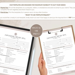 May include: A digital and printable Japanese Head Spa consultation form template. The document includes fields for personal information, medical history, and hair or scalp concerns, with text headers and checkboxes for client data collection.