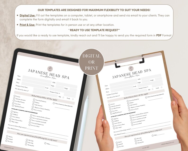 May include: A digital and printable Japanese Head Spa consultation form template. The document includes fields for personal information, medical history, and hair or scalp concerns, with text headers and checkboxes for client data collection.