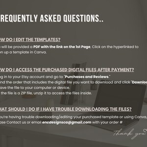 Peut inclure: Un graphique d'information num&eacute;rique intitul&eacute; FREQUENTLY ASKED QUESTIONS.. contenant des instructions sur la modification de mod&egrave;les, l'acc&egrave;s aux fichiers num&eacute;riques via Purchases and Reviews, et le support via encdesignsca@gmail.com.