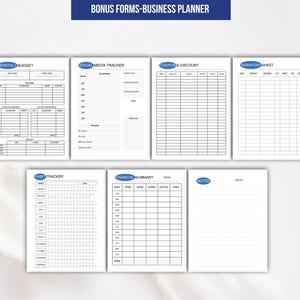 K&ouml;nnte beinhalten: Eine Sammlung von sieben wei&szlig;en Business-Planer-Formularen mit schwarzem Text und blauen ovalen &Uuml;berschriften. Die Bl&auml;tter umfassen Monthly Budget, Social Media Tracker, Coupon & Discount, Inventory Sheet, Habit Tracker, Financial Summary und Notes.