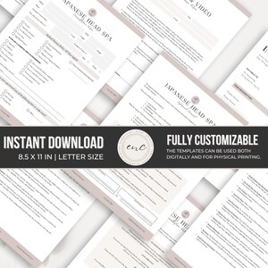 May include: A collection of Japanese Head Spa business templates on white paper with black text and soft pink accents. The documents include intake forms, medical history, and invoices, measuring 21.59 x 27.94 cm, designed for digital or physical use.