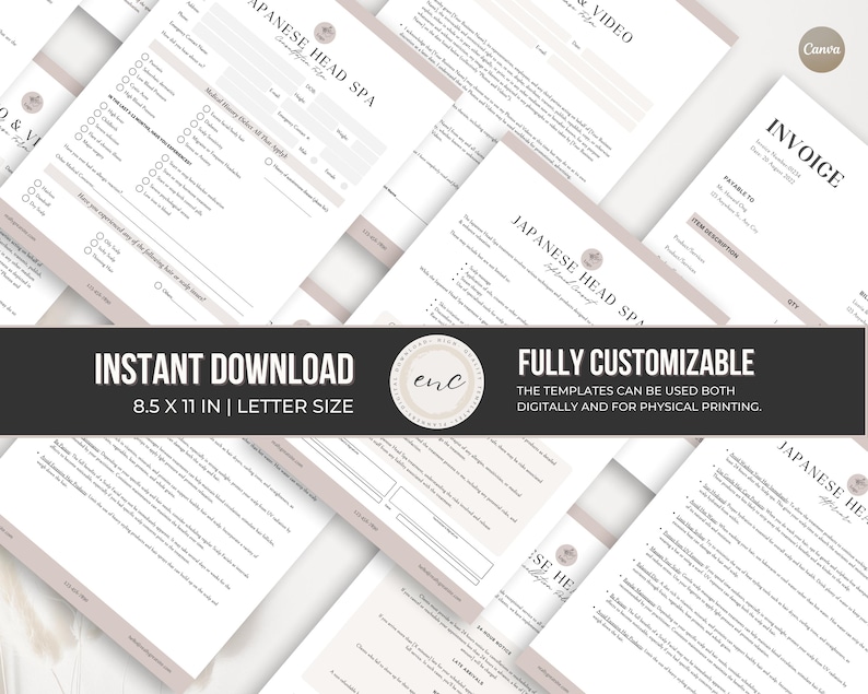 May include: A collection of Japanese Head Spa business templates on white paper with black text and soft pink accents. The documents include intake forms, medical history, and invoices, measuring 21.59 x 27.94 cm, designed for digital or physical use.