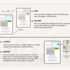 Peut inclure: Un guide de mod&egrave;le de conception num&eacute;rique pr&eacute;sentant deux exemples de documents &eacute;tiquet&eacute;s From This et To This. Le guide comprend un texte explicatif pour modifier le texte, les couleurs, la mise en page et les images, avec des fl&egrave;ches.