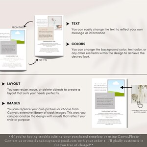 May include: A Canva template design guide with instructions on how to customize the text, colors, layout, and images. The guide includes a before and after example of a design with a sky and grass background.