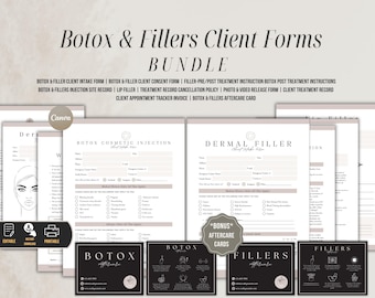 Plantillas de formularios para Botox y rellenos, registro de consentimiento de ingreso de clientes de Medspa para enfermeras inyectoras, consejos de cuidados posteriores, registro de tratamiento, formulario para esteticistas.